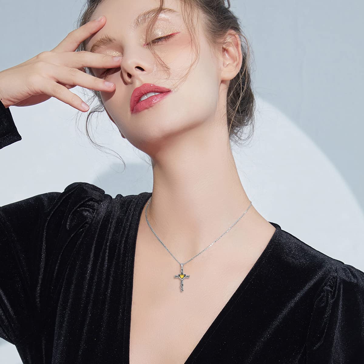 TOUPOP Citrine Cross Necklace for Women Sterling Silver November Birthstone Cross Pendant Necklace Heart Love Jewelry for Her Girlfriend Wife Mom Anniversary Birthday Mothers Day Gifts