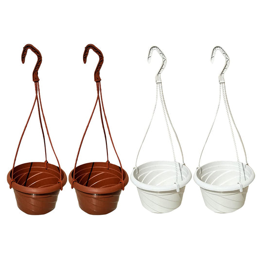 VIDELLY 4 Pieces Plastic Hanging Planters, 5.9 in Dia x 3.54 in H, Flower Plant Basket Pots Chain Holder Garden Decoration for Indoor and Outdoor Use, Beige White & Red