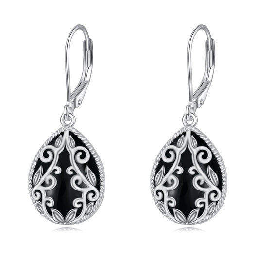Black Onyx Drop Earrings 925 Sterling Silver Filigree Teardrop Dangle Leverback Earrings Jewelry Gifts for Women