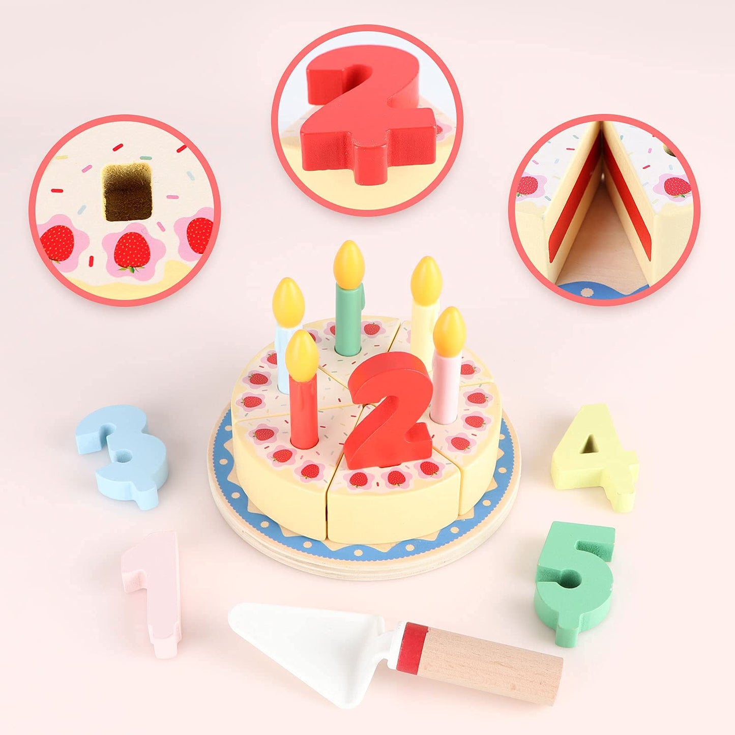 Steventoys Wooden Cutting Cake Play Set, Fake Cake with Candles and Numbers, Pretend Play Food Set, Montessori Tea Party Toys Learning Kitchen Toys for Boys Girls 1-6 Years