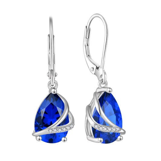 Rocayi September Birthstone Dangle Drop Earrings for Women 925 Sterling Silver Sapphire Earrings Teardrop Leverback Jewelry Gifts for Wife Girlfriend Mother Daughter Her