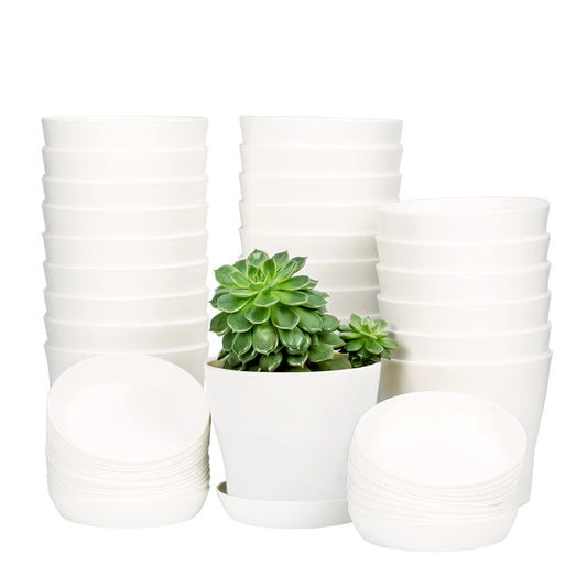 TDHDIKE 10 Pcs Plastic Planters Indoor Flower Plant Pots, Mini Flower Seedlings Nursery Pot/Planter/Flower Pot with Pallet, Modern Decorative Gardening Containers (White25)
