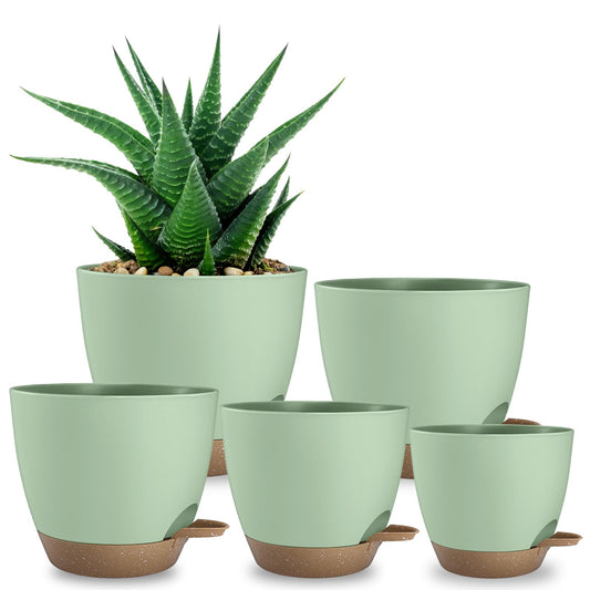 Hylitong Plant Pots 8/7.5/7/6.5/6 Inch Self Watering Pots,5 Pack Planters with Drainage Holes and Saucers,Plastic Flower Pots,Nursery Planters for Indoor Outdoor Plants (Green)