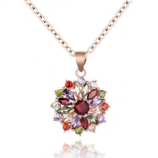 Kim Carrey Italian Elegant Rose Gold Necklace for Ladies | 18K Rose Gold Plated Necklace Pendant for Women | Gemstone necklace, Gift for Daughter, Wife, Mom, Her Jewelry (Colorful flowers)