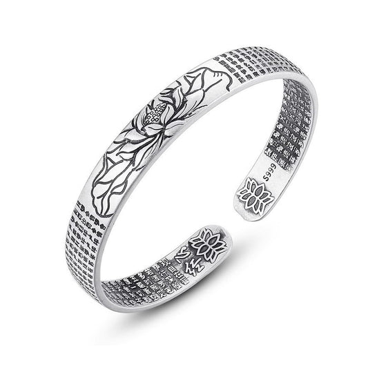 Feng Shui Lotus Heart Sutra Bracelet - Adjustable Vintage Silver Bracelet for Women Men, Tibetan Buddhist Mantra Lucky Amulet, Wealth Luck Protection Meditation Gifts (C)