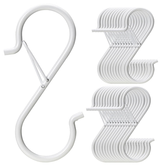 iCafePub 24 PCS S Hooks for Hanging with Safety Buckle, 3.5 inch Heavy Duty Metal S Shaped Hooks Stainless Steel for Hanging Kitchen Utensil, Cups, Pots, Plants, Bags, Hats (White)