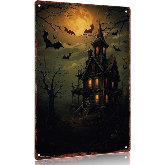Vintage metal sign Spooky Haunted House with Full Moon and Bats Aluminum Sign 12x8inch Decorative Signs Poster Wall Art for Halloween Home Office Decoration