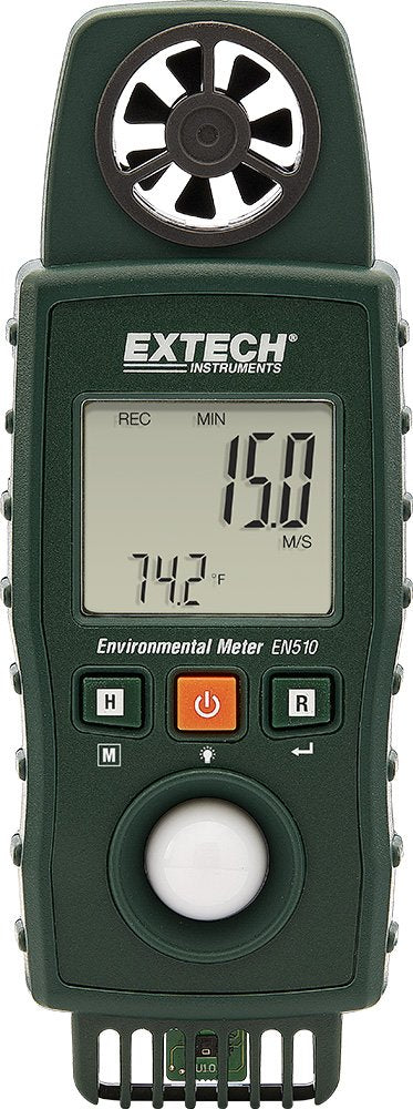 Extech EN510 10-in-1 Environmental Meter - Measures Air Velocity, Light, Sound, Temperature, Humidity, Dew Point, Wet Bulb, Heat Index, Wind Chill, Portable Multi-Function Tester with Backlit LCD