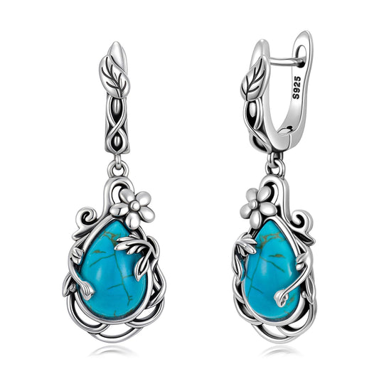 Eetaitai Natural Turquoise Dangle Earrings for Women Leaf Vine Flower Latch Back 925 Sterling Silver Earring Vintage Oxidised Boho Jewelry Mothers Day Gifts for Mom Wife Sister