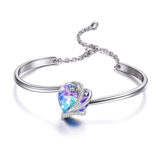AOBOCO Love Heart Bangle Bracelet Sterling Silver Women Bracelet Embellished with Blue-purple Crystals from Austria, Fine Anniversary Birthday I Love You Jewelry Gifts for Wife Girlfriend Daughter
