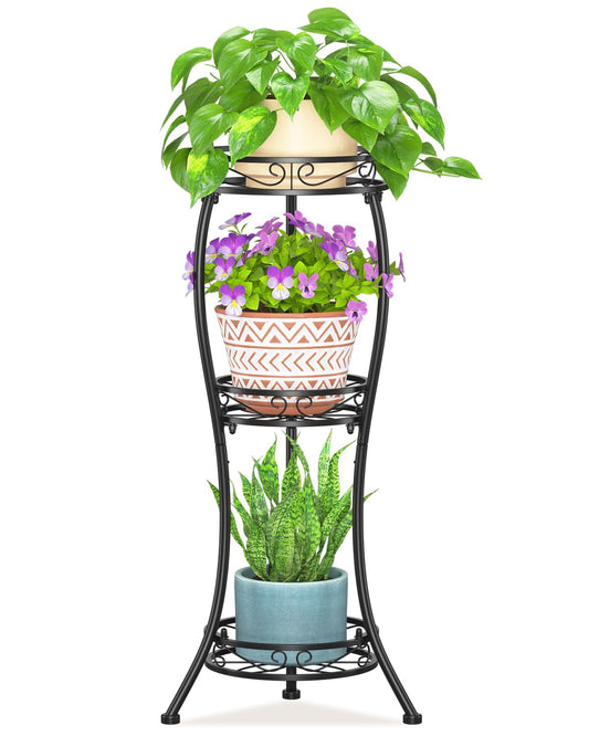 LASZOLA Black 3 Tier Tall Plant Stand for Indoor Outdoor, Large Multiple Level Flower Planter Holder Organizer Rack for Patio Office Bathroom Corner Floor, Sturdy Heavy Duty Metal, Vertical Display