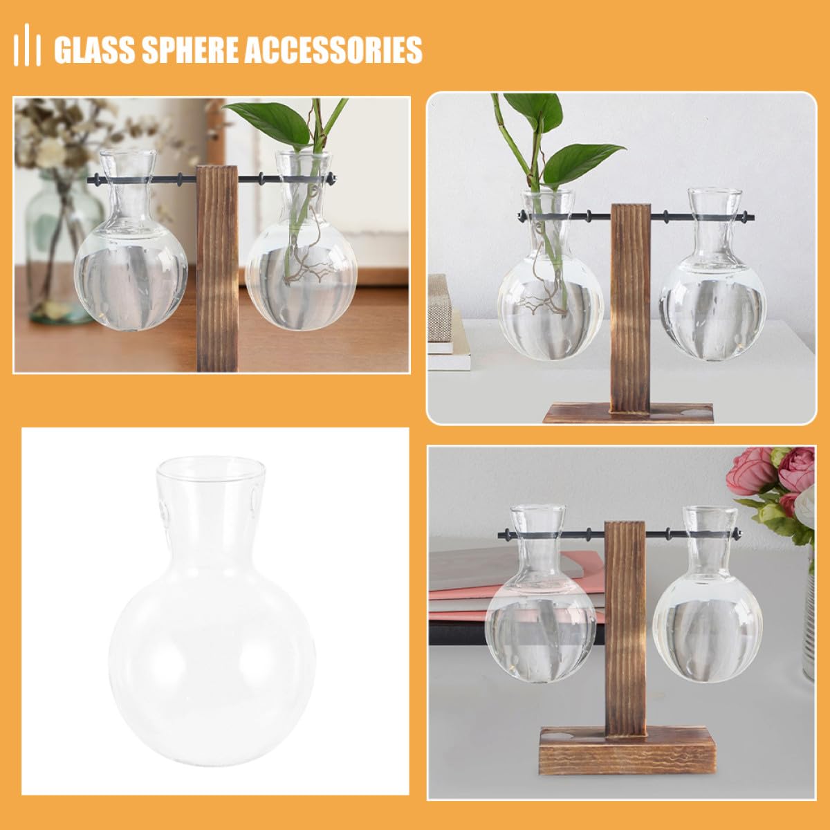 VICASKY 3pcs Hydroponic Glass Vase with Wood Stand, High Borosilicate Propagation Station for Indoor Plants and Flower Terrariums, Glass Plant Holder for Home Décor