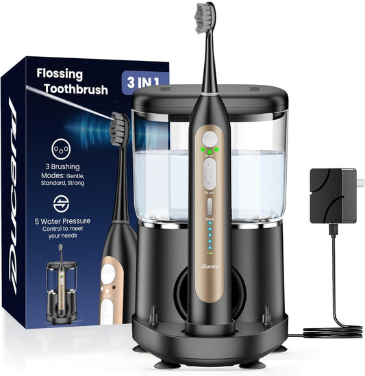 Electric Toothbrush with Water Flosser, Upgrade Flossing Toothbrush Combo with 3 Brush, 5 Floss Speeds& 3 Brush Modes, 500mL Tank, 30-Day Battery, for Adults & Teens, Gums, Braces-Black