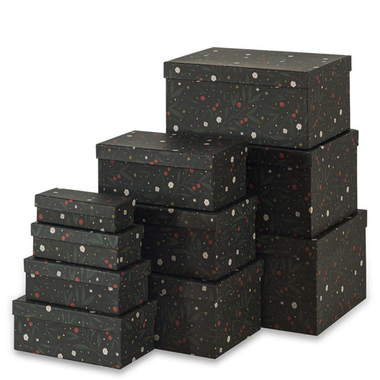 Soul & Lane Christmas Boxes with Lids - Set of 10, Charming Festive Gift Boxes, Decorative Cardboard Holiday Storage with Enchanting Leafy Botanical Pattern