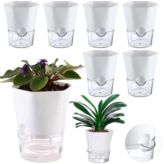 Planterhoma 6-Pack 4.3" Self-Watering Planters, Clear and White, Indoor Use, Hexagonal Plant Pots for Orchids, Herbs, African Violet, Home Decor