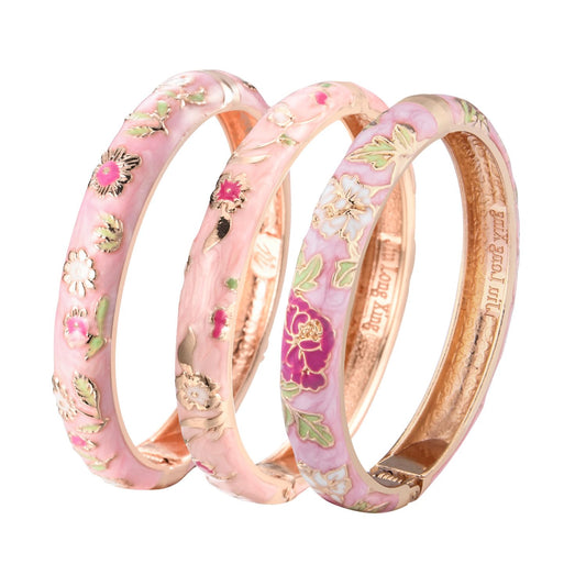 UJOY Womens Enameled Cloisonne Bracelet Gold Plated Flower Enameled Hinged Cuff Bangles Jewelry Gift 55A-3PCS Pink