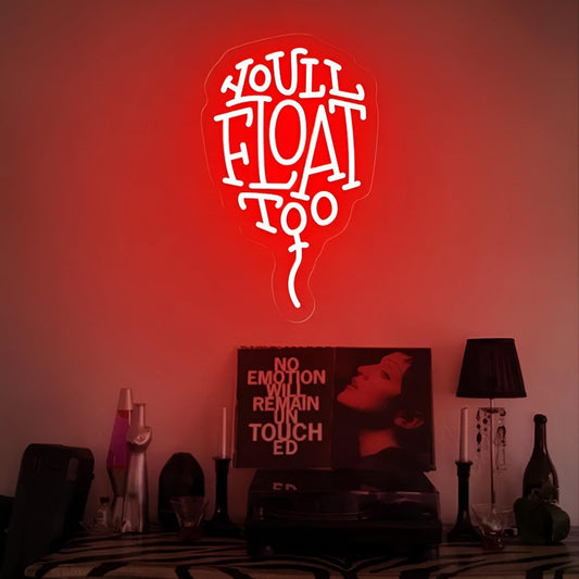Float Too Neon Sign Horror Movie LED Light, Gothic Wall Decor for Game Room, Man Cave, Home Theater, Haunted House, Escape Room, Party or Club, Gift for Horror Fans, 15"x9.4"