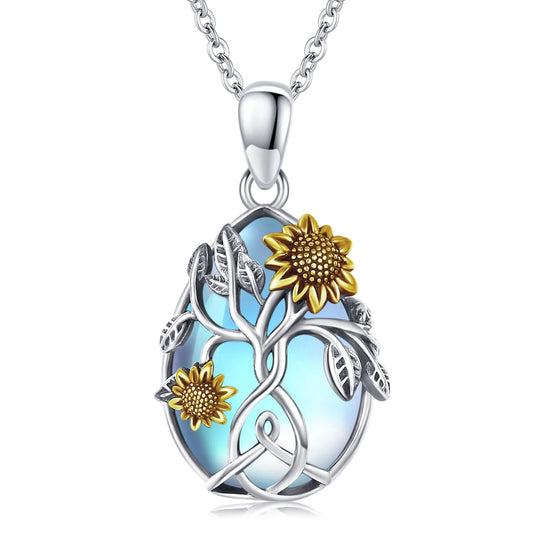 CHENGHONG Sunflower Moonstone Necklace for Women 925 Sterling Silver Family Tree of Life Teardrop Pendant Necklace Jewelry Gifts