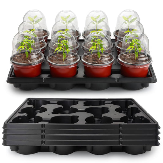 RooTrimmer 4 Inch 60 Pack Nursery Pots with Humidity Domes & 5 Pack 12 Cell Round Seedling Pot Carrying Trays, Sturdy Seeds Starter Pot Germination Set, Small Planter Nursery Propagation 5 Sets