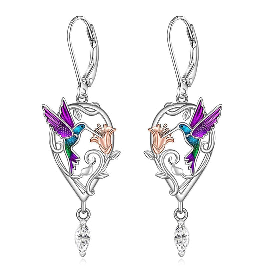 Hummingbird Earrings Purple Hummingbird Earrings for Women Sterling Silver Flower Teardrop Zircon Dangle Bird Jewelry Memorial Mothers Day Christmas Healing Gifts
