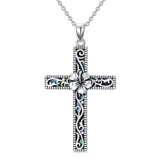 Hibiscus Necklace for Women 925 Sterling Silver Hawaiian Hibiscus Flower Necklaces Filigree Cross Religious Pendant Faith Hawaii Graduation Jewelry with Abalone Shell Mothers Day Gifts for Mom Sister Wife
