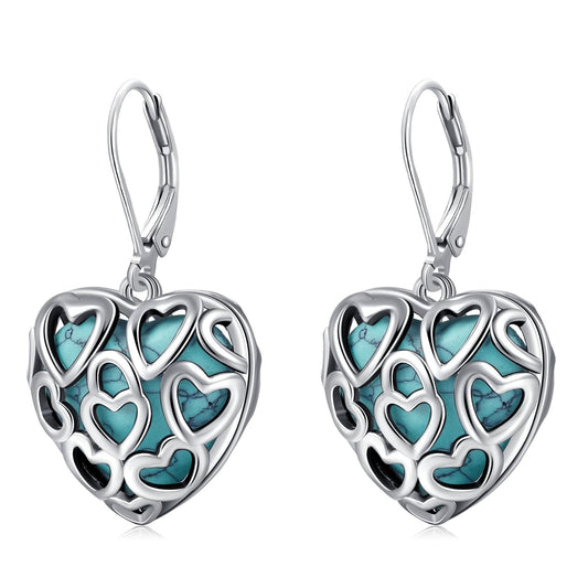 Heart Turquoise Jewelry for Women-Genuine Turquoise Leverback Earring 925 Sterling Silver Dangle Drop Earrings Vintage Gifts for Valentine/Mother's Day/Christmas