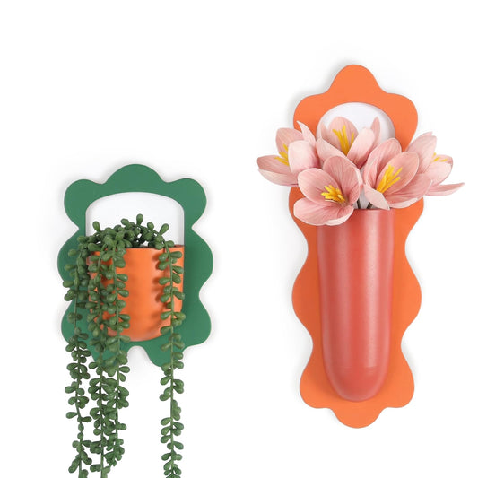 AimtoHome Metal Wall Planters Set of 2, Retro Wavy-Edge Hanging Vases - Orange & Green Red Iron Wall-Mounted Planters for Indoor Plants, Flowers & Home Decor (Living Room, Bedroom, Bathroom)