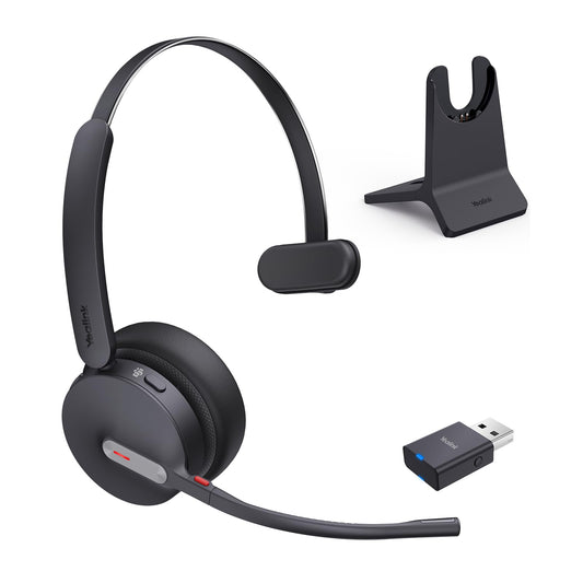 Yealink WH64 Hybrid Wireless Headset Dongle & Charging Stand, 492ft Range DECT&Bluetooth Headphones for Teams, Zoom UC,Single Ear Noise Cancelling Portable Headsets with 3X Mic, 26H Calls,(PC/Phone)
