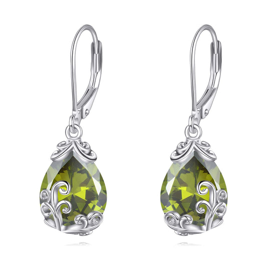 POPLYKE BirthStone Filigree Teardrop Drop Dangle Earrings Sterling Silver Peridot Leverback Earrings August Birthstone Jewelry Gifts for Women