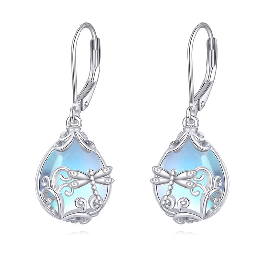 POPLYKE Moonstone Dragonfly Teardrop Drop Dangle Earrings Sterling Silver Leverback Earrings Moonstone Jewelry Gifts for Women