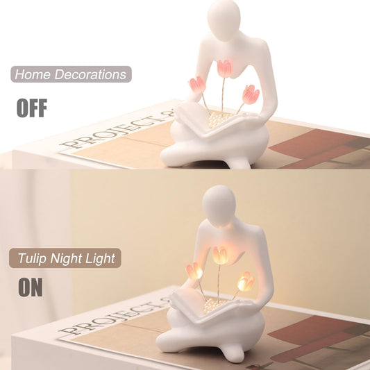ITOWNKN Reading Sculptures Tulip Lamp,Thinker Statue Figurine Battery Powered Night Light,Modern Abstract Home Decoration, Living Room Bookshelf Office Shelves Desk Decor,Aesthetic Gift