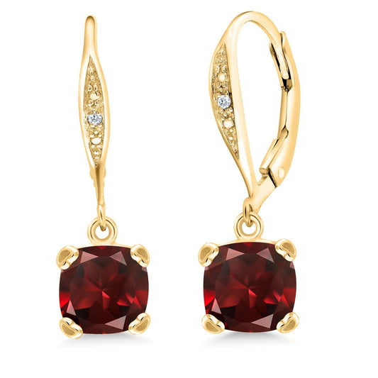 Gem Stone King Drop Dangle Earrings For Women | 7MM Cushion Cut Gemstone Birthstone and Diamond | 925 Sterling Silver | Jewelry Gift for Mom Wife Her | Garnet-January | Yellow Gold