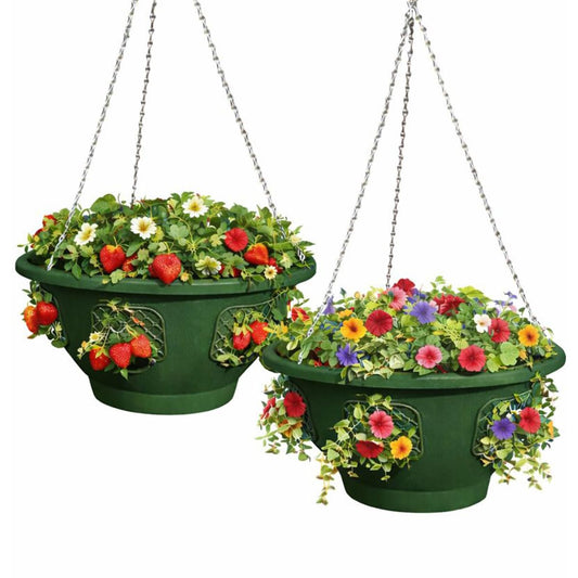 smart spring Ultimate Hanging Basket Strawberry & Flower Planter – 6 Side Planting Spaces, Drainage Hole, 1” Water Reservoir, Zinc-Plated Chain Included, Made in the USA (Deep Forest)