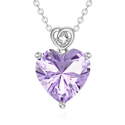 NFYBD 14k White Gold Love Heart Light Amethyst Birthstone Pendant Necklace for Women 3 Carat Heart-cut Created Gemstone Anniversary Birthday Mother's Day Necklaces for Her-june