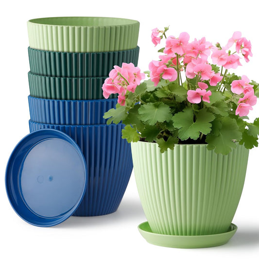 RooTrimmer Plastic Plant Pots, 6 Pack 7.5 Inch Flower Pots with Drainage Holes and Saucer, Planters for Indoor Outdoor Plants, Stylish Decor for Home and Garden(Blue, Green, Dark Green)