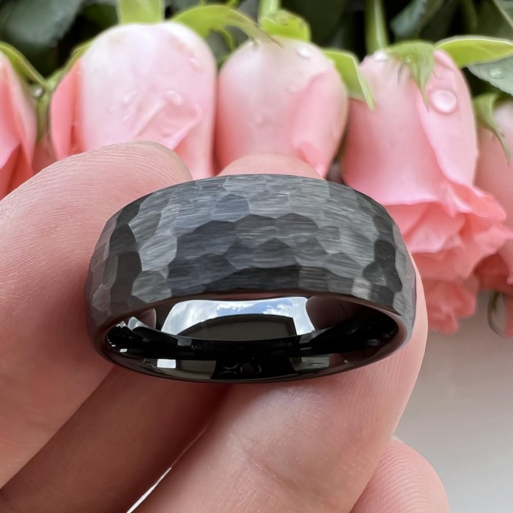 TUTISS 8mm Black Hammered Tungsten Carbide Rings for Men Women Engagement Wedding Bands Domed I Love You Engraved Comfort Fit Size 7
