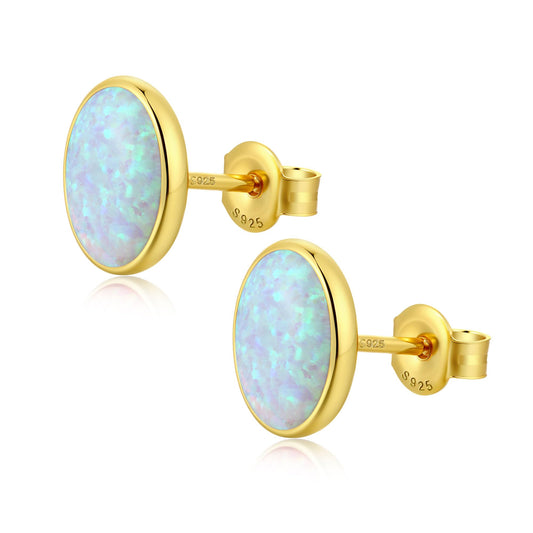 JiayangJY White Fire Opal Stud Earrings for Women 18K Yellow Gold Plated Sterling Silver Oval Shape 5mm Opal Earrings with Push Back