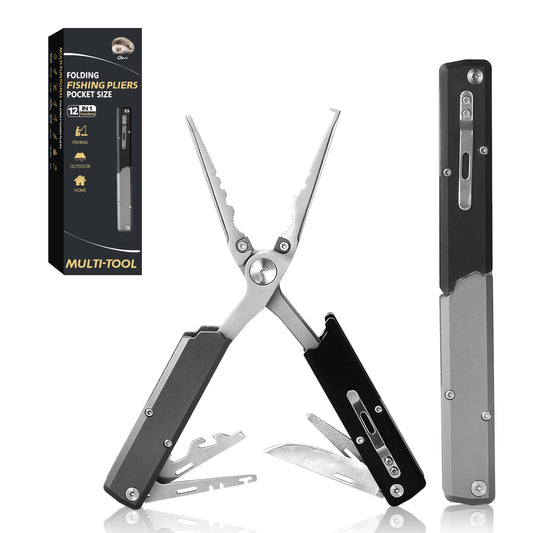 QDX 12-in-1 Saltwater Fishing Pliers & EDC Multitool, Titanium Coated Marine-Grade Stainless Steel Folding Pliers, Gifts for Men, Compact Pen-Sized Braid Cutter, Hook Remover & Split Ring fishing gear
