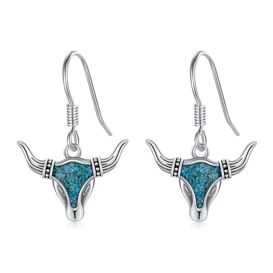 KoyeKei Western Cow Earrings for Cowgirl Cowboy 925 Sterling Silver Turquoise Texas Longhorn Cow Skull Dangle Drop Earrings Western Longhorn Country Jewelry Christmas Graduation Gifts for Mom Women