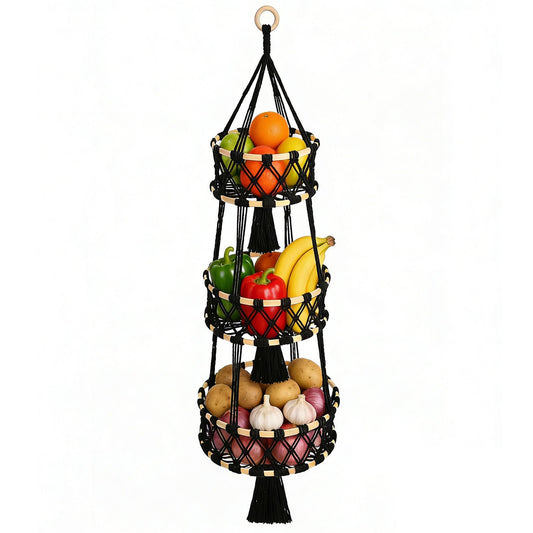 Halidali 3 Tier Hanging Fruit Baskets for Kitchen, Macrame Plant Hanger Cotton Rope Handwoven Hammock Produce Storage Organizer Basket for Plants Holder, Vegetable, Onion, Potato (Black)