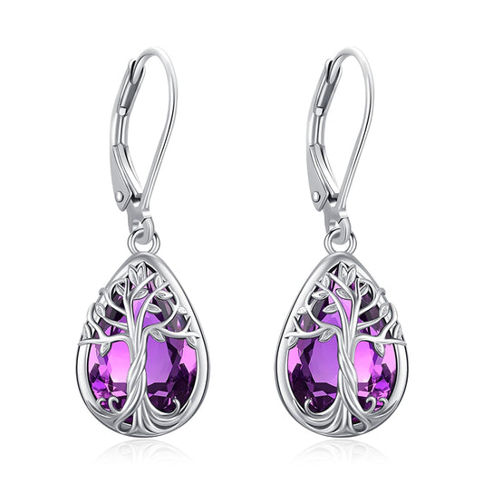 Eusense Tree of Life Earrings Sterling Silver Birthstone Teardrop Dangle Amethyst Earrings for Women Leverback Tree of Life Jewelry