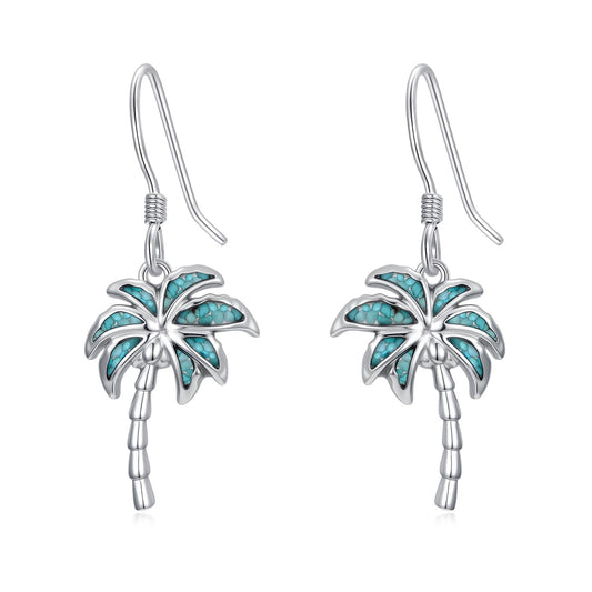 HPQQ Palm tree Earrings 925 Sterling Silver Turquoise Palm tree Dangle Earrings Ocean Beach Themed Jewelry Mother's Day Jewelry Gifts for Women