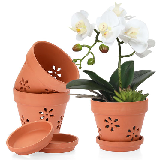 JUXYES Pack of 3 Small Terracotta Orchid Pot with Holes and Saucers, 6 Inches Clay Orchid Planter Pots for Repotting, Plant Flower Pots for Orchid Indoor and Outdoor Promotes Air Circulation