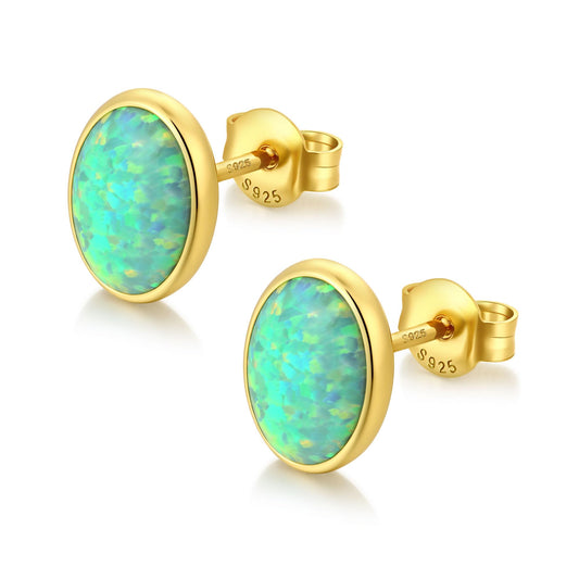 JiayangJY Silver Green Fire Opal Stud Earrings for Women 18K Yellow Gold Plated Sterling Silver Oval Shape 6mm Opal Earrings with Push Back