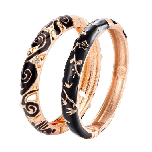 UJOY Vintage Cloisonne Jewelry Bracelet Plated Handmade Bead Rhinestones Enamel Spring Cuff Bangles 2 Pcs Set for Womens Gift 88A17-55A117 Black