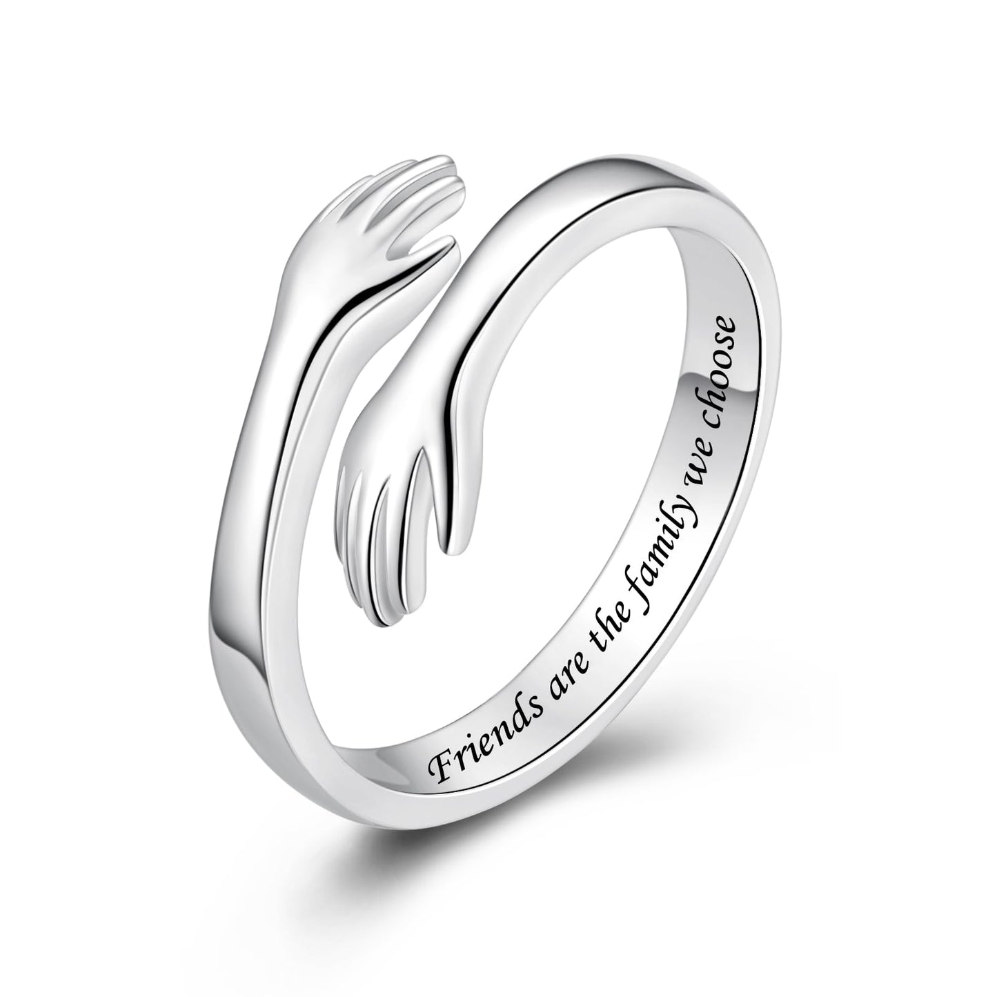 ACJFA S925 Sterling Silver Hug Ring for Women Adjustable Thumb Ring Birthday Gifts (Friends are the family we choose)