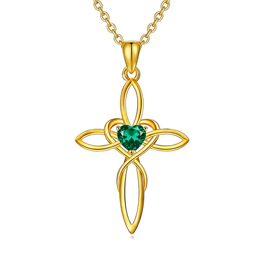 POIUY 14K Gold Celtic Knot Cross Birthstone Necklace for Women Irish Infinity Heart Pendant Cross Jewelry Anniversary Valentines Birthday Mothers Day Gifts for Mom Wife Her