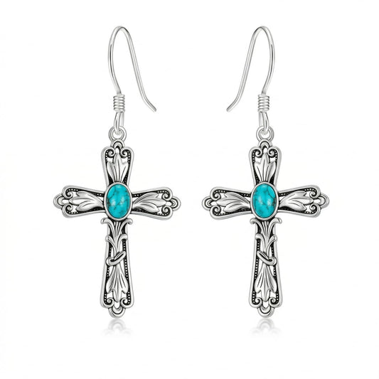 Eetaitai Natural Turquoise Earrings for Men Women 925 Sterling Silver Cross Western Dangle Earrings Boho Jewelry Mothers Day Gifts for Mom Wife Sister