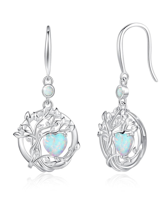 FANCIME Tree of Life Earrings 925 Sterling Silver Dainty Opal Dangle Drop Gemstone Earring October Birthstone Fine Jewelry Birthday Mothers Day Gifts for Mom Her Women