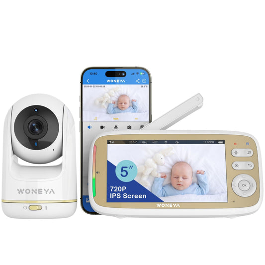 WONEYA Smart Baby Monitor, 5" HD IPS Screen, 1500ft Long Range, 48 Hours Battery, White Noises & Lullabies, 2K HD Camera, Customizable Safe Zones, Motion Detection, VOX, Free Secure Phone App